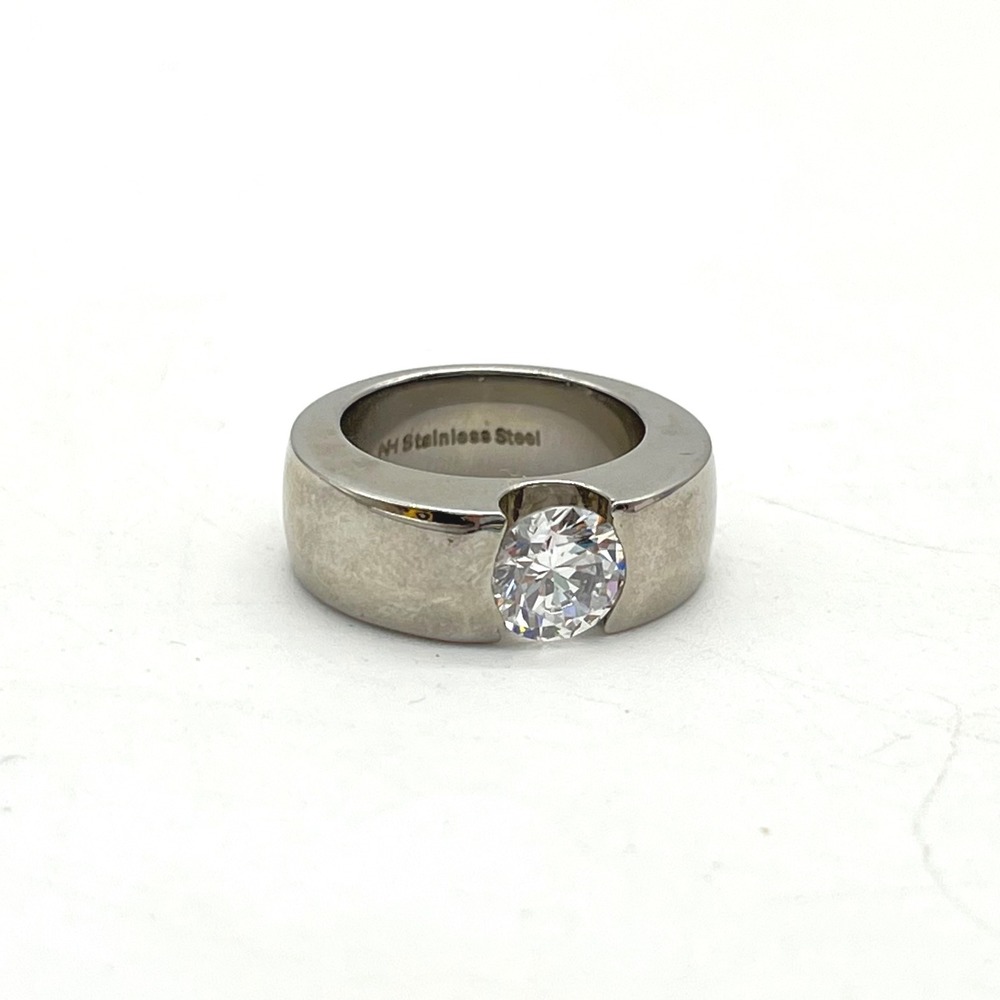 NH Stainless Steel Tension Set Round Clear Stone Wide Band Ring Size 7